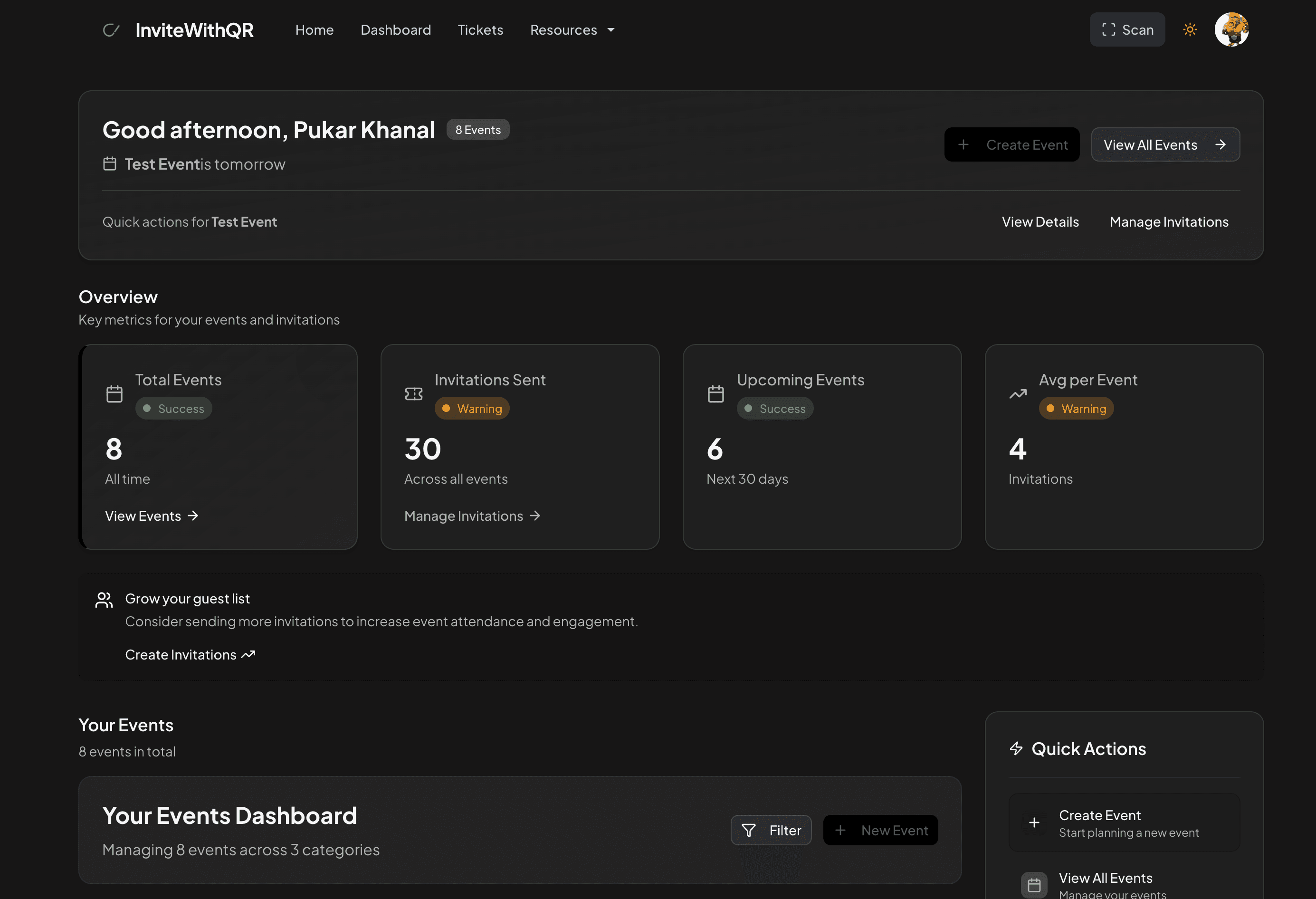 QR Code Invitation Platform Dashboard - Dark Mode